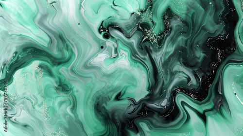 Luxurious Finish in Mint and Charcoal Alcohol Ink Swirls, Marble Texture.