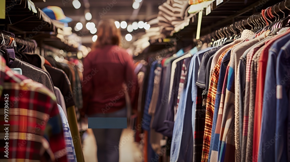 Naklejka premium Shopper browsing through various garments at a warmly lit thrift store with an array of clothing options.