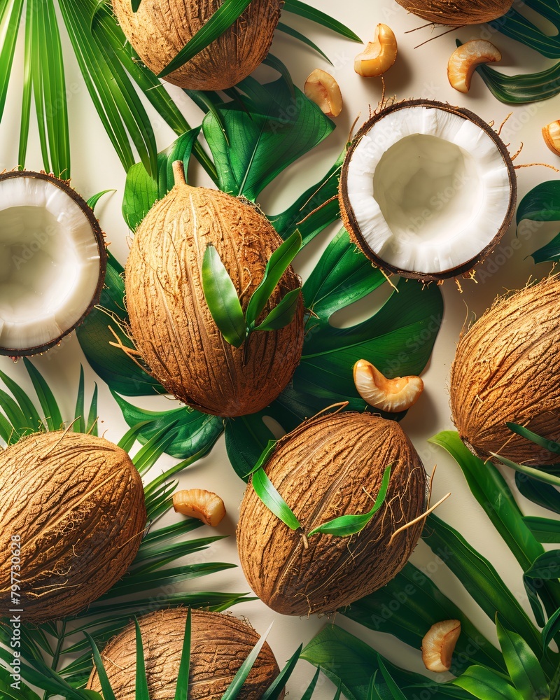 coconuts and tropical leaves background