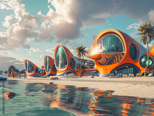 Sea coast with abstract futuristic resort. Creative summer scene with urban luxury design buildings.