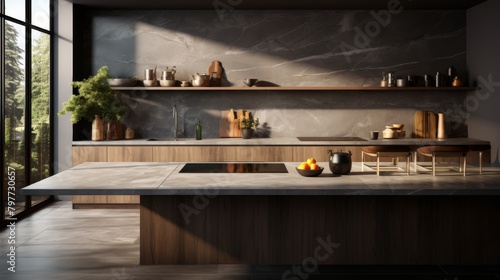 Contemporary kitchen space with dark stone backsplash, wooden elements, and designer kitchenware under natural light.