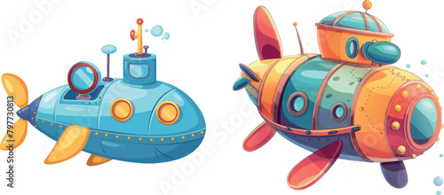 Cartoon submarines. Cute childish submarine with iron arm propeller periscope porthole for undersea