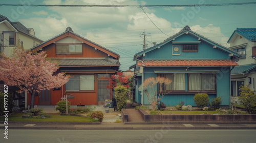 two houses that look exactly like each other  1930s  japanese house  front yard very clean  retro color