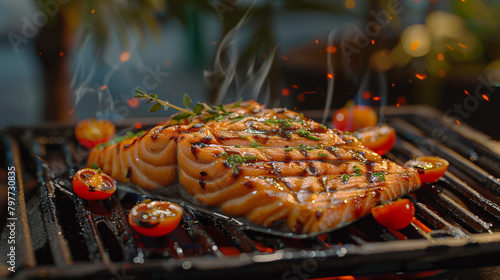 Illustration image of beautifully prepared grilled Pacific salmon, healthy food.Restaurant menu. It looks very tasty and unusual. photo