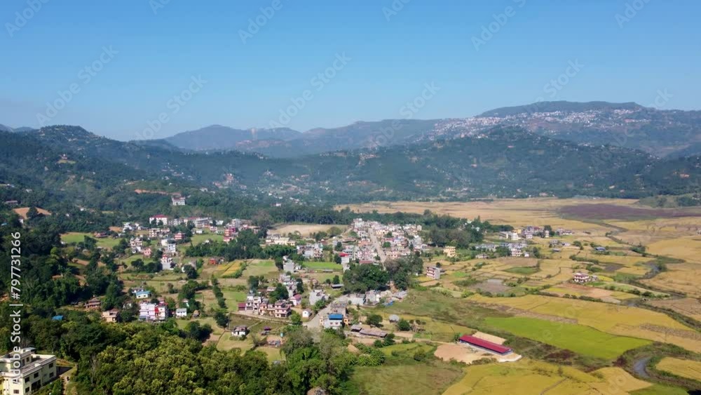 Aerial view of the rural houses and green fields in Tansen city in Palpa, Lumbini, central Nepal Aerial view of the rural houses and green fields in Tansen city in Palpa, Lumbini, central Nepal