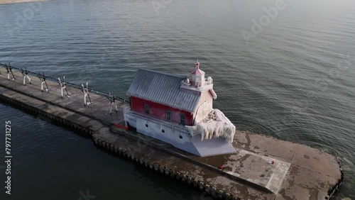 Drone shot of the Grand Haven South Pierhead Outer Lighthouse in Grand Haven, Michigan, USA photo