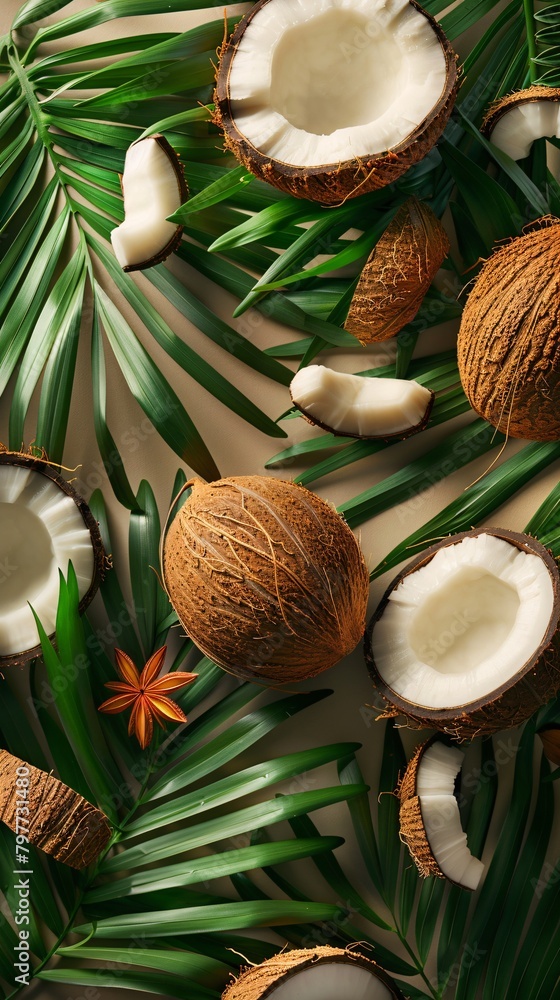 top view of coconuts creative background