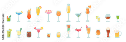 Glasses of alcohol cocktails set vector illustration. Cartoon drinks isolated on white background. Celebration with toasts and cheering. Party time. Summer beach. Beverage menu