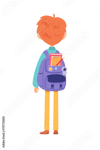 Kid with school backpack back view vector illustration. Boy or girl going to kindergarten with bag pack. Cartoon smart student character isolated on white background. Back to school, education concept