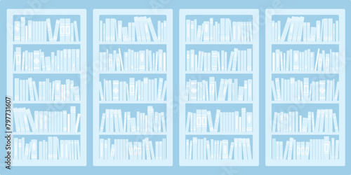 Library bookcases background. Interior of bookshop with bookshelves. Reading room in school, university, college. Modern cartoon vector illustration