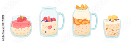 Oatmeal cups with fruits and nuts vector illustration set. Cereal porridge for breakfast. Oat food. Natural product. Healthy food concept