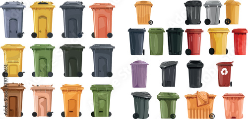 Trash set with garbage bins. Waste separation