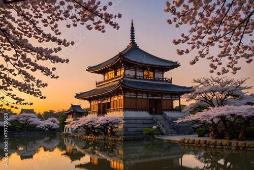 Landscape with a classic Pagoda palace by the lake at sunset. Cherry blossom above mirror-like water surface. Amazing 3D landscape. Digital illustration. CG Artwork Background