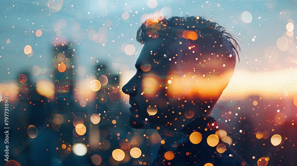 silhouette of a thoughtful man with reflection of city lights silhouette of a thoughtful man with reflection of city lights
