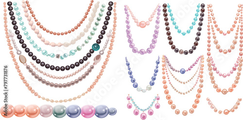 Women beaded necklaces. Beads and pearl jewelry, bracelet precious necklace on chain for fashion girl or woman