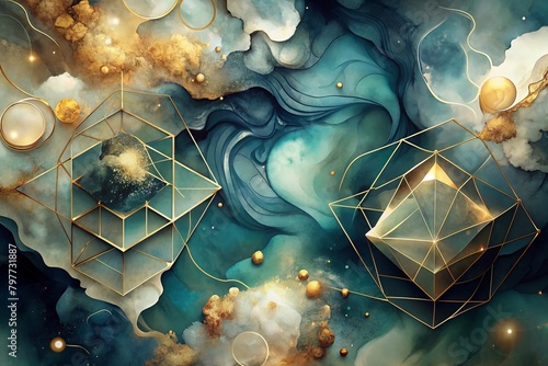 Featuring mystical golden geometries against a backdrop of swirling clouds, this image conveys themes of mystery and transcendence, ideal for backgrounds and abstract spiritual concepts