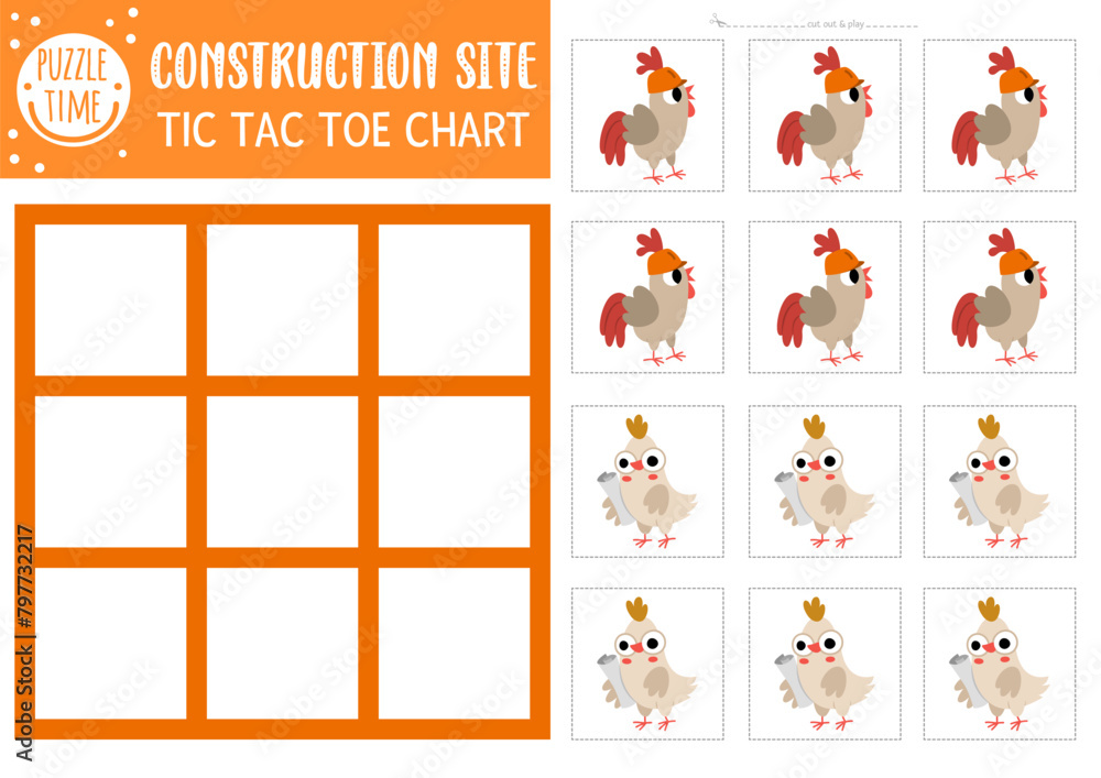 Vector construction site tic tac toe chart with rooster and hen workers. Building works board game playing field with cute characters. Funny printable worksheet. Noughts and crosses grid . Vector construction site tic tac toe chart with rooster and hen workers. Building works board game playing field with cute characters. Funny printable worksheet. Noughts and crosses grid .