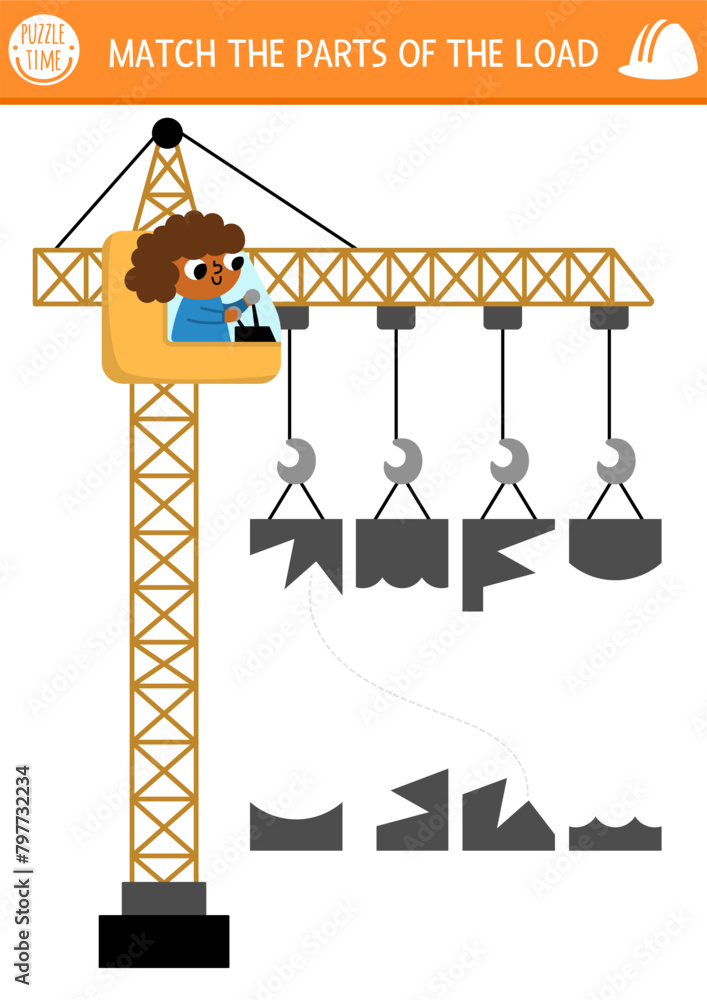 Construction site shadow and shape matching activity with lifting crane