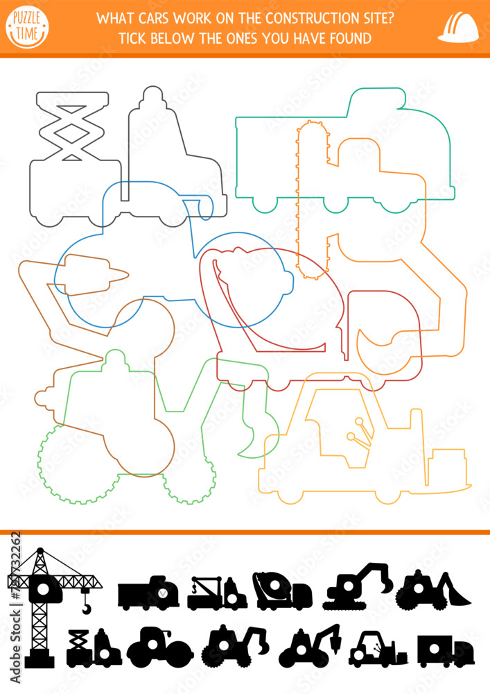 Construction site shadow, shape and line recognition activity with industrial vehicles. Building works puzzle with colored truck contours. Find correct silhouette printable worksheet, game for kids. Construction site shadow, shape and line recognition activity with industrial vehicles. Building works puzzle with colored truck contours. Find correct silhouette printable worksheet, game for kids.