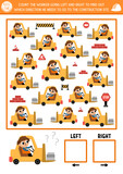 Construction site logic game with right and left concept for kids. I spy searching, counting activity with forklift car. Industrial vehicle printable space orientation worksheet for preschool children