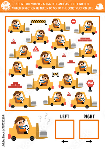 Construction site logic game with right and left concept for kids. I spy searching, counting activity with forklift car. Industrial vehicle printable space orientation worksheet for preschool children