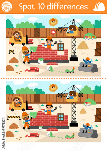 Find differences game for children. Educational activity with workers building brick wall. Cute puzzle for kids with funny builders. Printable worksheet or page with construction site scene.
