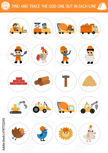 Find the odd one out. Construction site logical activity for kids. Building works educational quiz worksheet for attention skills. Printable game with vehicles, builders, tools, materials. © Lexi Claus