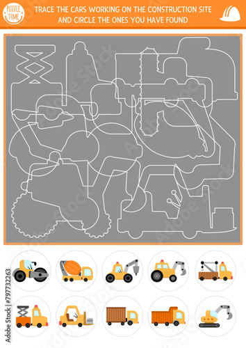 Construction site tracing, shape and line recognition activity with industrial vehicles. Building works puzzle with white truck contours. Find and circle correct silhouette printable worksheet for kid