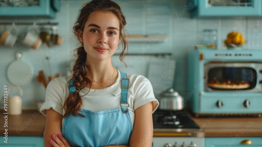 Smiling young woman with braided hair wearing a blue apron standing in a vintage kitchen setting. Smiling young woman with braided hair wearing a blue apron standing in a vintage kitchen setting.