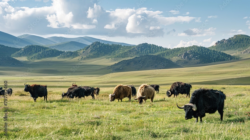 Yak in steppes of Mongolia near Ulaanbaatar city. Mongolian nature, landscape, scenery. Animal husbandry. Agriculture and farm in Mongolia. Tourism, travel in Mongolia. Grazing yaks. Mongolian summer