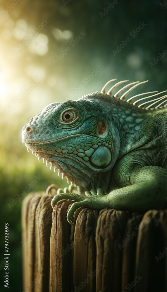A green iguana on a wooden post A green iguana on a wooden post