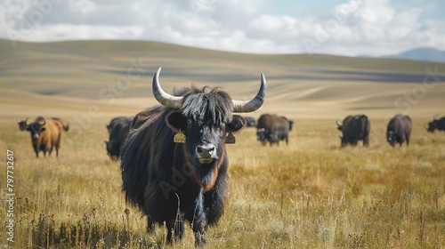 Yak in steppes of Mongolia near Ulaanbaatar city. Mongolian nature  landscape  scenery. Animal husbandry. Agriculture and farm in Mongolia. Tourism  travel in Mongolia. Grazing yaks. Mongolian summer