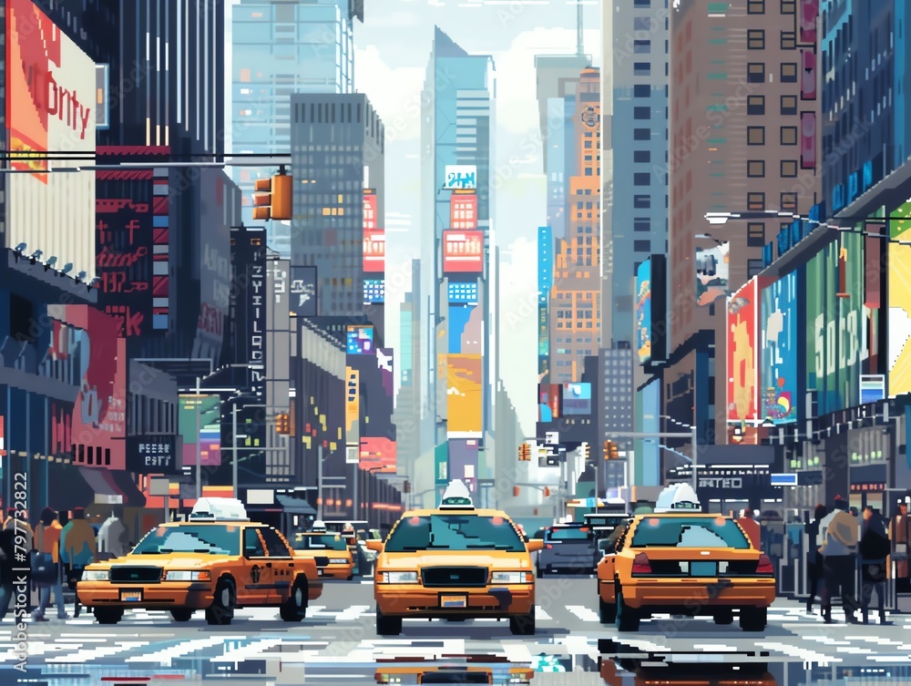 A pixelated modern city street scene with taxis, skyscrapers, and busy pedestrians A pixelated modern city street scene with taxis, skyscrapers, and busy pedestrians