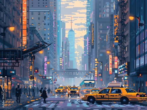 A pixelated modern city street scene with taxis, skyscrapers, and busy pedestrians