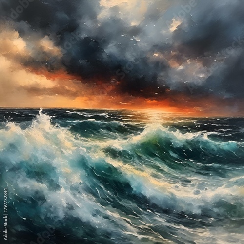 AI generated illustration of An ocean with choppy waves under a cloudy sky photo