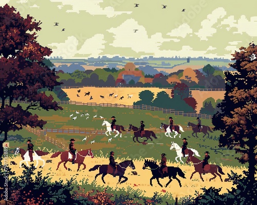 A pixelated old English fox hunt with horseback riders, hounds, and countryside photo