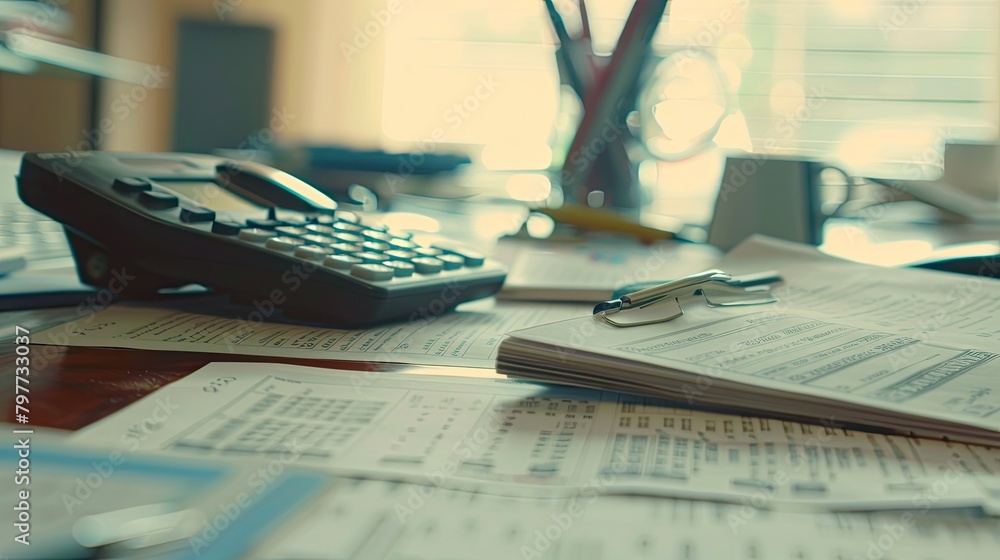 Calculator and documents on a desk, depicting financial planning Calculator and documents on a desk, depicting financial planning