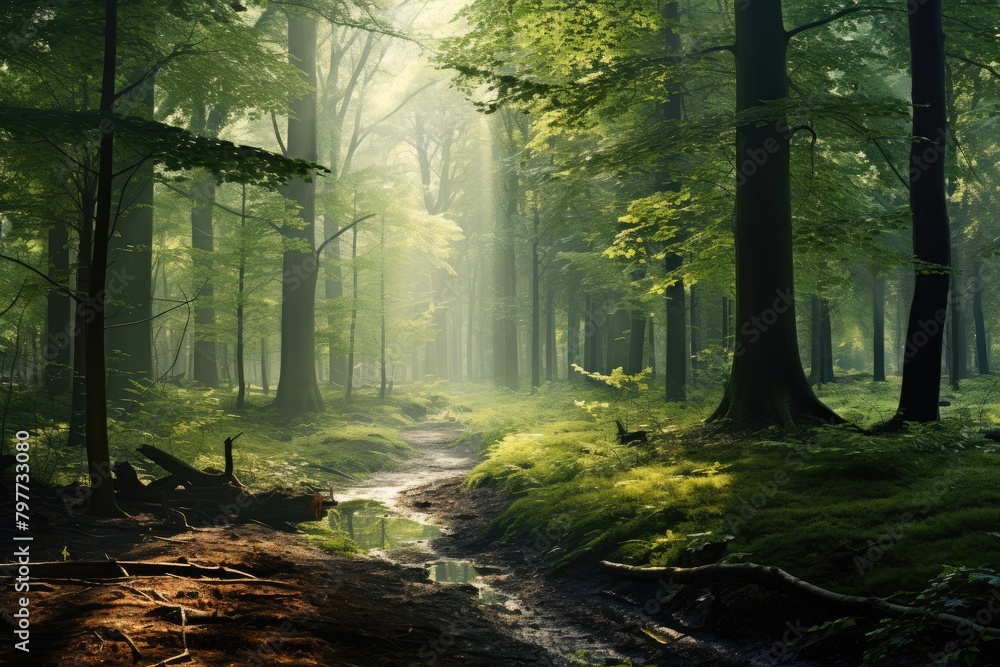 A serene forest with sunlight filtering through the leaves.