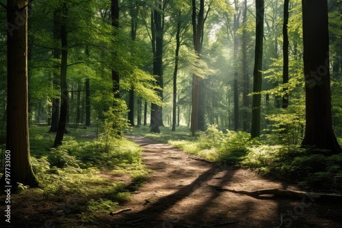 A serene forest with sunlight filtering through the leaves.