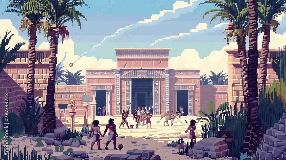 Pixel art ancient Egyptian festival with a procession, music, and ...