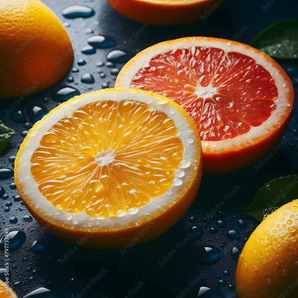 Close-up of sliced lemon and orange on dark surface Close-up of sliced lemon and orange on dark surface