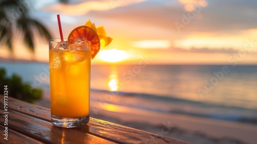 Refreshing Drink on Wooden Table by the Ocean
