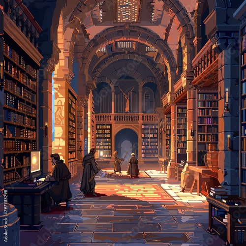 Pixel art ancient library with scholars studying and secret passages photo