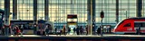 Pixel art bustling train station with travelers and trains arriving