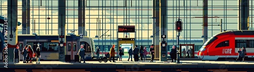 Pixel art bustling train station with travelers and trains arriving photo
