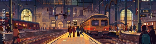 Pixel art bustling train station with travelers and trains arriving