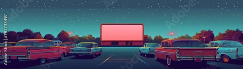 Pixel art classic 1950s drive-in cinema with vintage cars and a giant screen