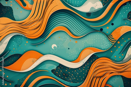 Retro Psychedelic Waves 80s Style Vintage Poster in Dynamic Teal and Orange Design