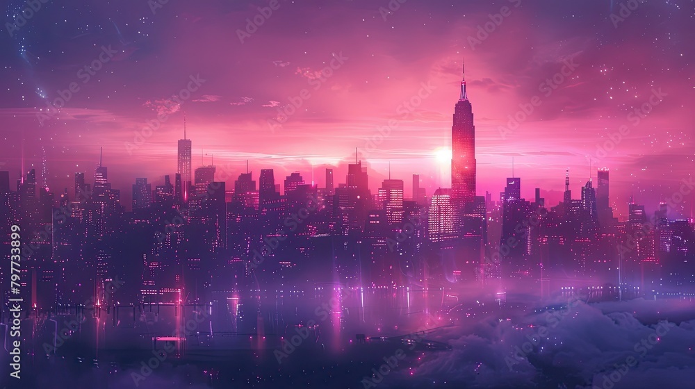 Futuristic city skyline with glowing lights