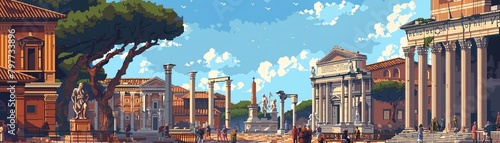 Pixel art historical Roman forum with citizens debating and philosophers teaching